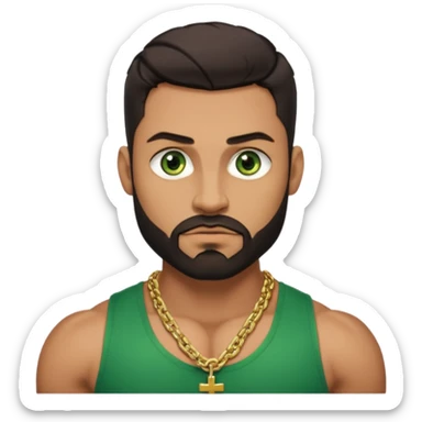 green eyes, dark short hair, muscular shoulders, wide cross, gold chain, big lips big nose big eyes, masculine good looking, dark beard sticker