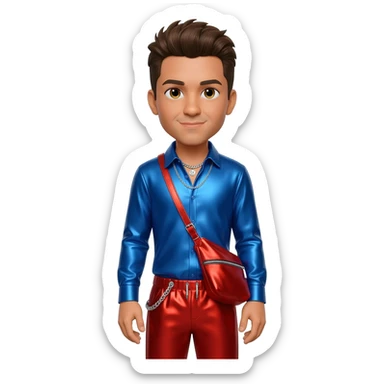 Jason"Wee Man" Acuña with hazel eyes, brown hair, blue metallic shirt, red metallic baggy pants, silver necklace sticker