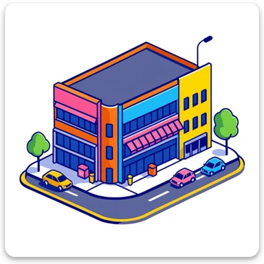 Isometric supermarket building exterior with colorful facade, parked cars, and entrance area sticker