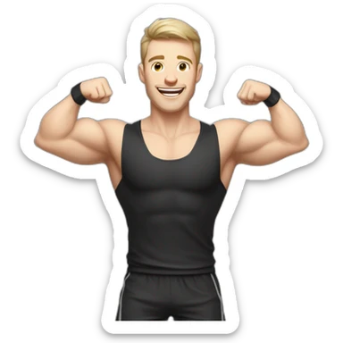 Joyful Celebrating victory Pale skinned Fit Man With the biceps and dark brown hair in black shirt, gray sports shorts and white Sneakers sticker