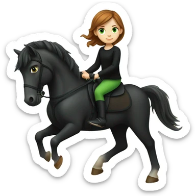 A pale little girl with brown hair, green eyes, orange pants and a black shirt riding a black horse  sticker