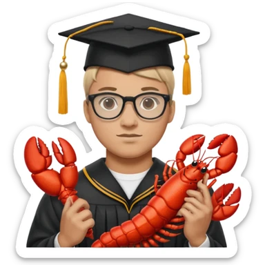 wrestler wearing glasses, holding a lobster, wearing an Ohio State graduation cap sticker