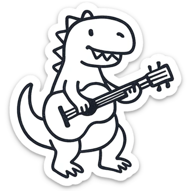 dinosaur playing guitar, hand drawn icon style, sketchy black lines, no fill sticker