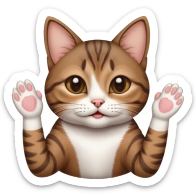 dark brown tabby and white small cat in funny positions upside down with paws covering eyes sticker