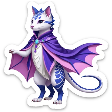 Kawaii white, indigo, purple, pink cute beautiful pretty elegant divine edgy feline-vernid-sergal-Haku-dragon-fursona-animal-creature, full body, with intricate detailed markings, Embroidered capelet, silken shawl sticker