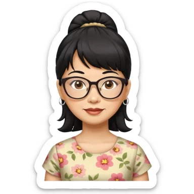 filipino woman black hair in one pony tail with straight bangs and big glasses, 60 yr old, nice dress

 sticker