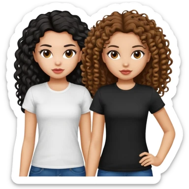 2 pretty bratz fair girls. One has straight brown hair and is tan, wearing a white tshirt. One is fair with curly black hair, wearing a black tshirt  sticker