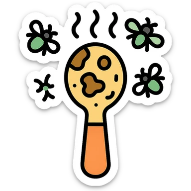 Add flies buzzing around the used spoon covered in grime with cartoonish odor vapors. Keep icon style minimalistic but expressive. Preserve transparent background. sticker