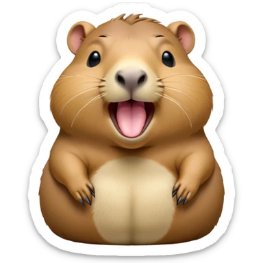 Cinematic Cute Yawning Capybara Portrait Emoji, Head tilted slightly with a dramatic, wide-open yawn, showcasing a plush, rotund body with a gently relaxed capybara face, including a short snout and subtly drooping ears, with drowsy, half-closed eyes rendered in exquisite detail; high shine, relaxed yet expressive, styled with a dash of playful natural charm, soft glowing outline, capturing the essence of a sleepy yet affectionate capybara that appears ready to stretch out for a peaceful nap! sticker
