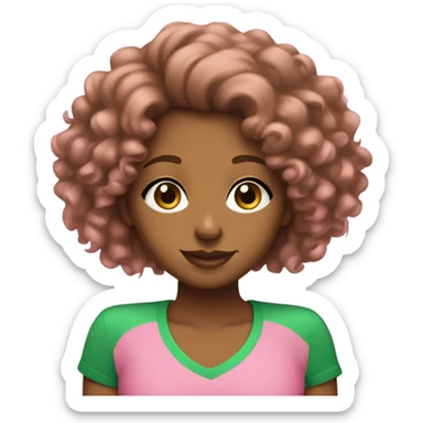 Brown girl with curly hair wearing pink t shirt with green letters that read “AKA”   sticker
