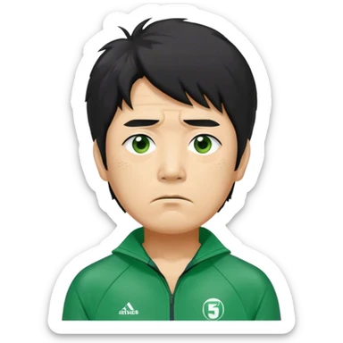 Seong Gi-hun : age 60, A tall, slim man with messy, unkempt black hair and tired eyes, showing signs of stress, Green player tracksuit,  sticker