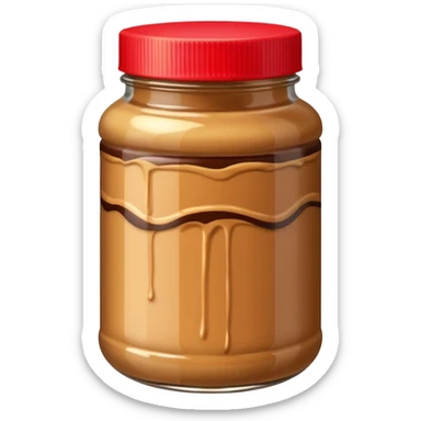 A jar of peanut butter with chocolate stripe sticker