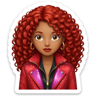 Sexyy red brown skin girl with red hair  long curly with glitter red jacket  sticker