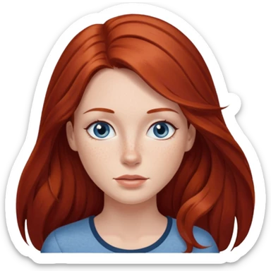 woman with long dark auburn red hair that is mostly straight but has slight waves to it. grey blue eyes. some freckles sticker