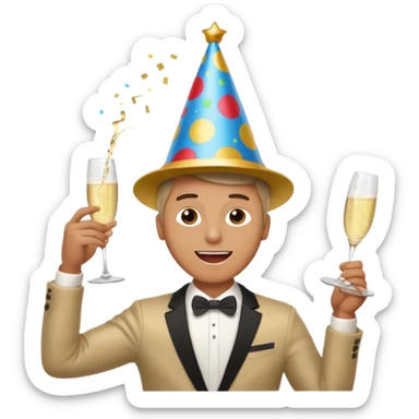 An energetic man throws his head back, drinking champagne loudly as the New Year begins. sticker