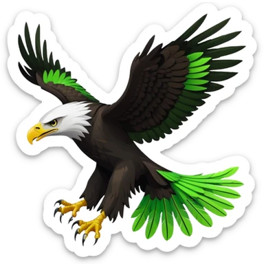 Stylized vector eagle flying sideways, wings spread up. Matte black with neon-green angular feather patterns, fierce face, extended talons. Bold flat sticker style with a thick clean white outline. sticker
