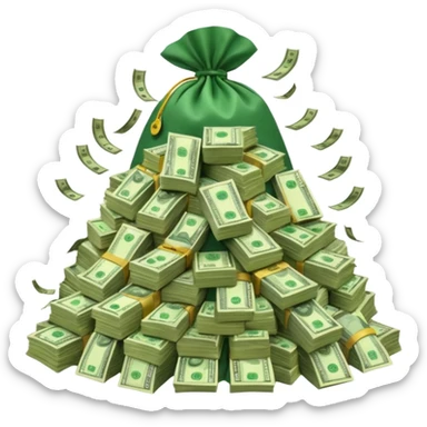 mountain of cash, with bags of money sticker