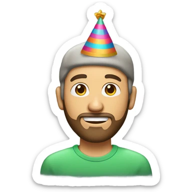white man with sparse brown hair on his head and a beard in a birthday hat sticker