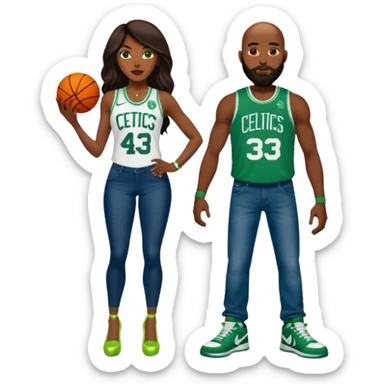 48-year-old dark skin black woman with brown eyes, long dark brown hair dressed in sexy 
celtics jersey costume outfit wearing stilettos. A bald white man with orange beard and has blue/green  eyes, wearing a Jason Tatum Boston Celtics Jersey, jeans & green Nike sneakers  sticker