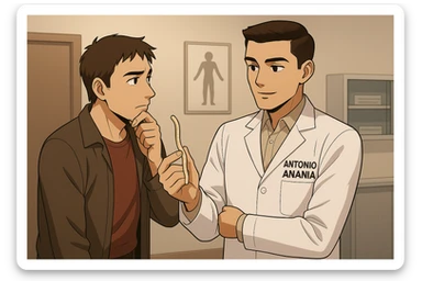 fai un webtoon manga a colori con questo stile, in cui un uomo ascolto il kinesiologo con il camice bianco (fagli anche la scritta "ANTONIO ANANIA" SUL CAMICE, il kinesiologo con il camice mostra un verme lungo e beige chiaro all'uomo, IL KINESIOLOGO SPIEGA ALL'UOMO UNA cosa. L'UOMO ha un ESPRESSIONE pensierosa IN VOLTO mentre si tocca il mento con l'indice. non fare i fumetti però, fai solo in modo che sembri stiano parlando sticker