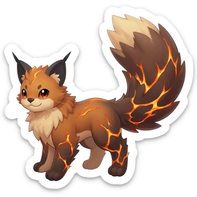 Hyper realistic  ember-rust copper fur molten with glowing magma seams and smoky tips beautiful elegant pretty precious cute  Fakémon-Pokémon-opossum-feline-serval-caracal-chinchilla-Furret-Minccino-hybrid-creature with a big fluffy bushy tail (full body) sticker