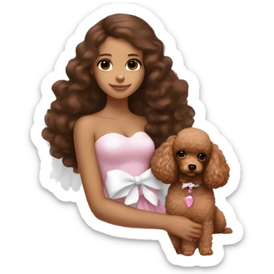 Brunette girl with long brown blowout hair and brown eyes, with large angel wings and a white bow in a strapless dress , holding a toy brown poodle with a pink bow sticker