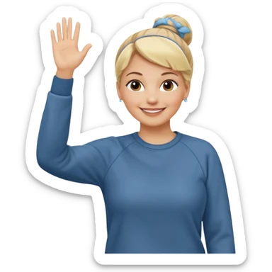 50 year old blonde woman with bun in casual clothes and sweat shirt waving sticker