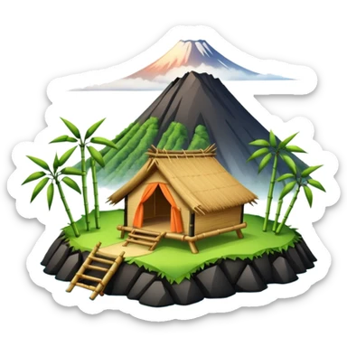 bamboo hut with volcano in the back in Volcano Island  sticker