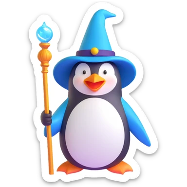 crazy wizard penguin, silly face, wizard hat, glowing staff sticker