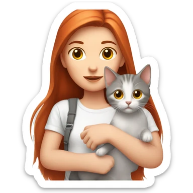 A red-haired girl in a white T-shirt is holding a gray kitten in her hands sticker