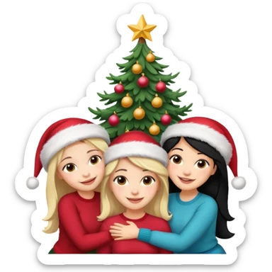 Generate Christmas-style emojis  family. Where light-skinned people stand near the tree all together, hugging and smiling. 2 girl should be Light-haired woman, 1 woman black-haired woman, and 1 man  sticker