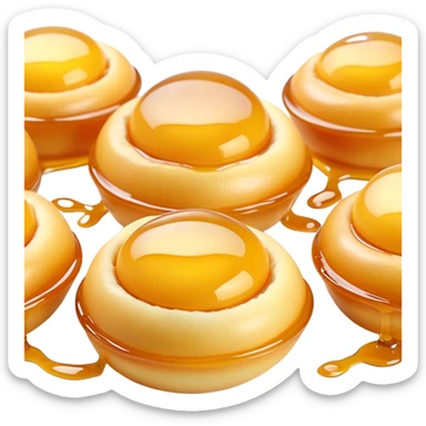 3D rendered authentic Hong Kong egg puffs (港式鸡蛋仔) with honey drizzle, golden color with shiny honey, hyper-realistic egg-shaped bubbles, glossy candy-like finish, detailed texture sticker