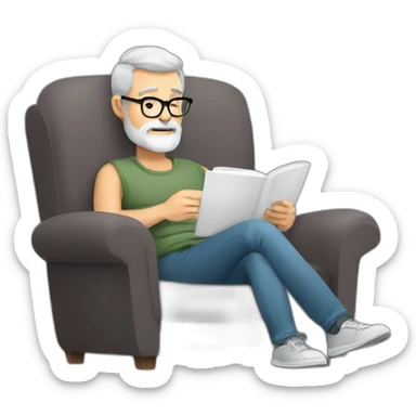 Gray Bearded 50 years old  man, glasses, perspective armchair, Reading at home, drinking a coffee, relax sticker
