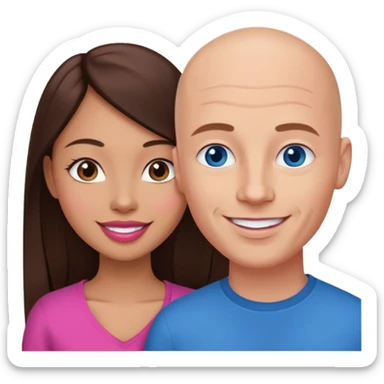 Bald white man blue eyes in love with Filipina woman with long hair dark brown eyes and pink lips smiling sticker