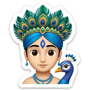 Lord Sri Krishna carrying a peacock feather on his head with cute face sticker