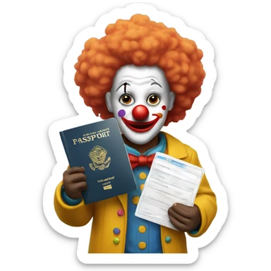Clown holds a passport sticker