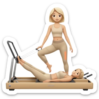 pilates beige reformer girl with beige set of clothes and beige reformer machine. sticker