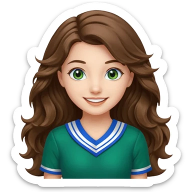 A pretty girl with BLUE EYES, brown long wavy hair, and wear green Hawkins cheerleader uniform sticker