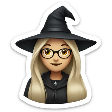 girl with black straight long hair, glasses and witch hat sticker