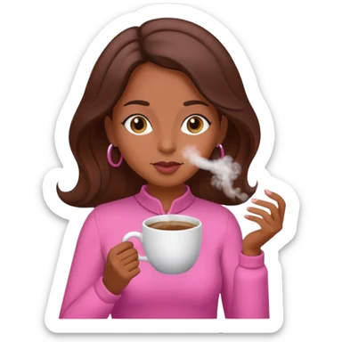 Mulher morena tomando café  com roupa rosa esfriando o café  sticker