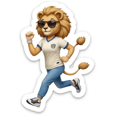 confident anthropomorphised female lion wearing a baseball shirt, jeans, trainers, dark sunglasses, jogging with a smile sticker