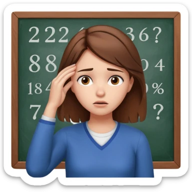 female student, looking puzzled, holding her head with one hand, thinking hard about a difficult math problem, expressive face sticker