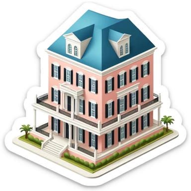 New Orleans mansion, isometric dollhouse-style, realistic sticker