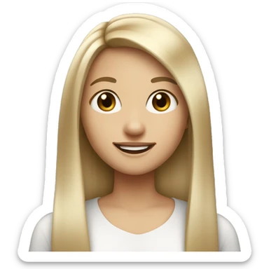 A girl with straight long hair , Ash Blonde hair styled in a bang. Fair skin. Dark brown eyes. Smiling naturally. sticker