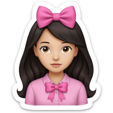 Pretty girl with long black straight kinda wavy hair with pink bow,pink shirt,and light brown skin color sticker