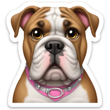 A bulldog with a pink and silver collar sticker