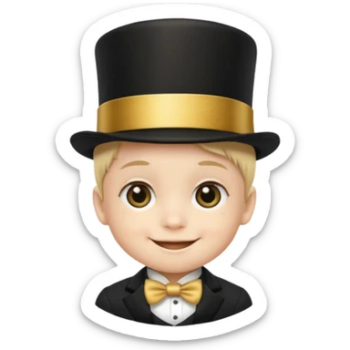 a baby face in a black top hat with a gold stripe sticker