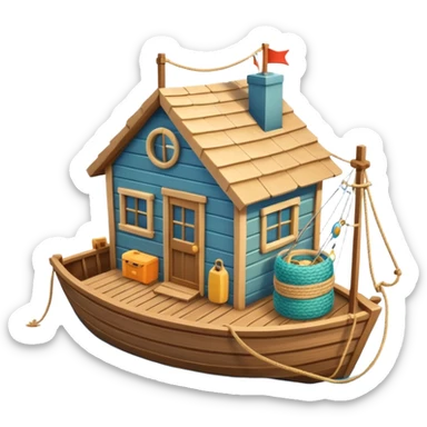 
cute fisherman house, small wooden seaside cabin, fishing nets, fishing boat sign, rope details, warm sunlight, coastal vibe, 3D cartoon, mobile game icon style, soft shadows, clean background, no text, no watermark
 sticker
