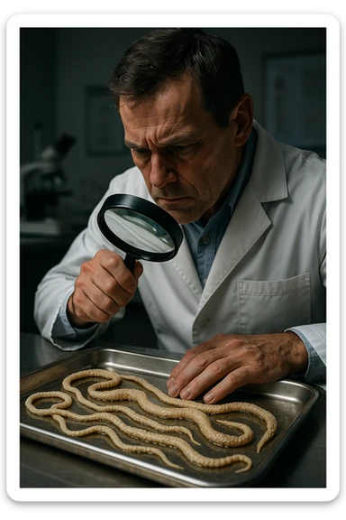 A middle-aged male kinesiologist wearing a pristine white lab coat, intensely analyzing long, beige tapeworms (like Taenia) under a magnifying glass. His expression is focused and slightly concerned, with dramatic studio lighting casting sharp shadows. The parasites are highly detailed, moist, and textured, stretched across a sterile metal tray. The background is blurred but suggests a clinical environment—hints of a microscope, medical charts, and clean lab equipment. The style is hyper-realistic, with a cinematic contrast between the bright white coat and the grotesque, organic forms of the parasites. No sci-fi elements, just raw medical realism with a disturbing edge sticker