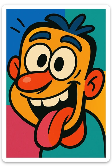 goofy silly cartoon face with exaggerated features and playful expression, vibrant colors sticker